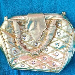Gold Quilted Handbag with Rhinestone Accents